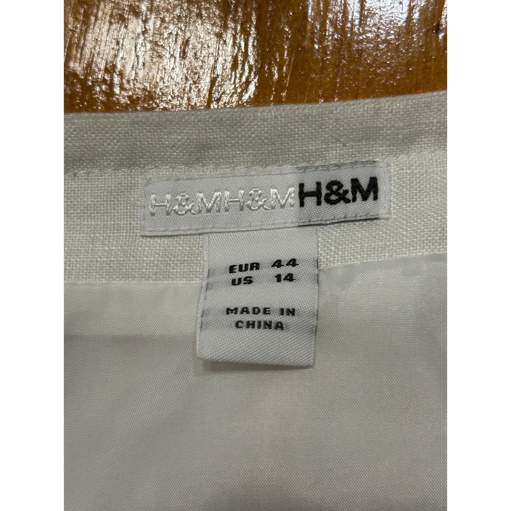 H&M White 100% Linen Lagenlook Midi Skirt Size 14 A-Line Lined Summer Classic - Picture 3 of 16